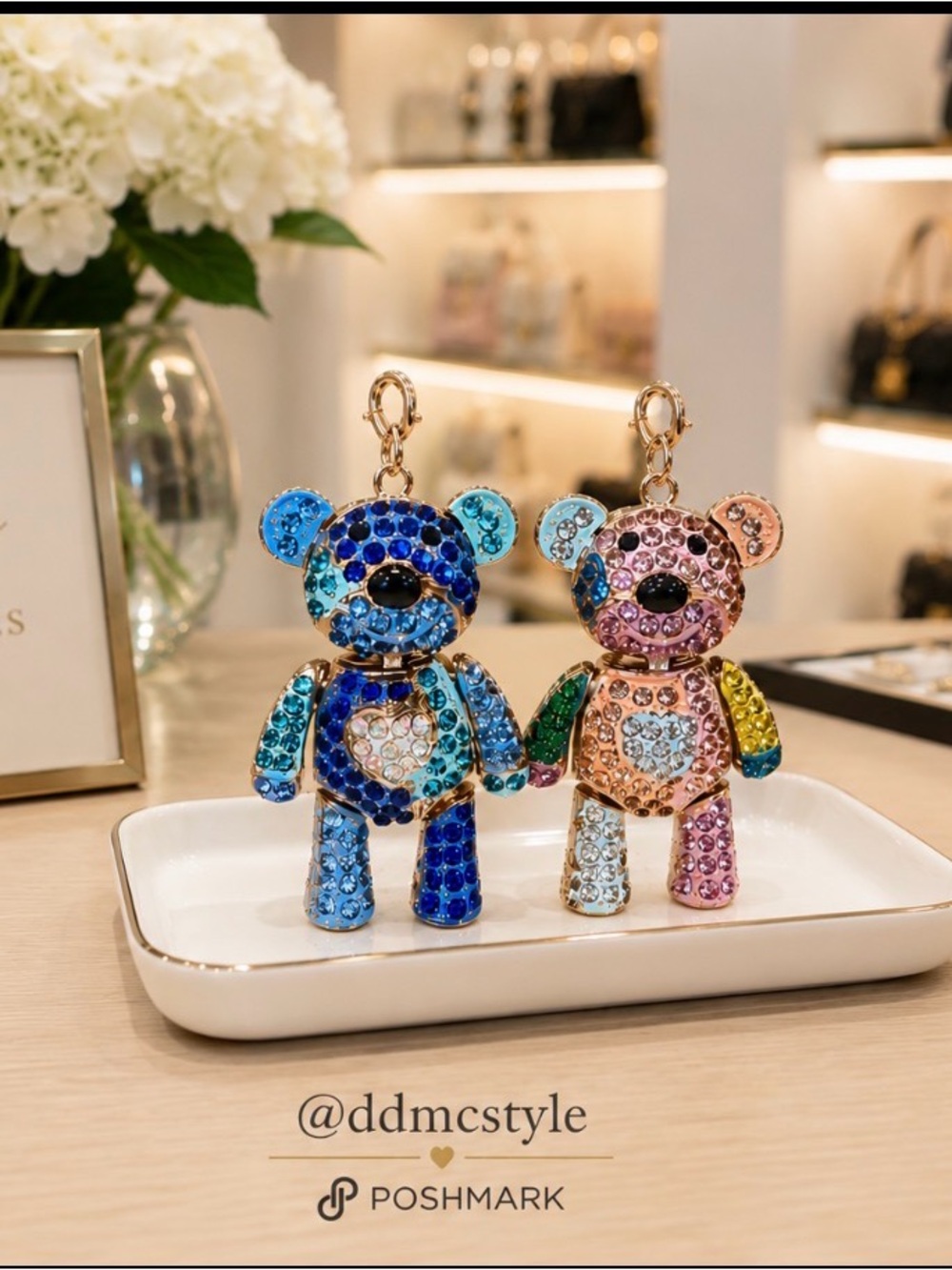 PICK ONE  New large Crystal teddy bear keychain bag charms ~ Pink or Blue